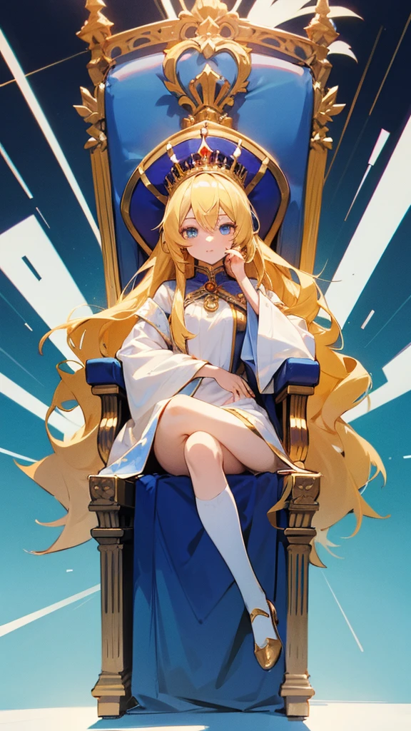 Anime girl with blonde long hair wearing a queen outfit sitting on a throne wearing a crown, her eyes is blue full body and white screen