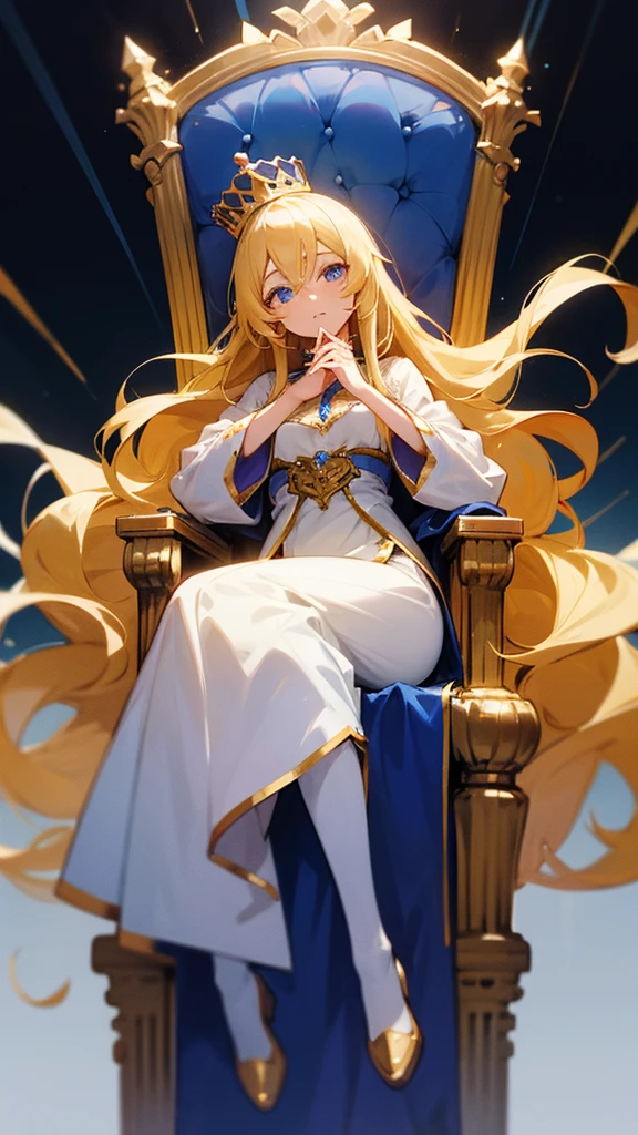 Anime girl with blonde long hair wearing a queen outfit sitting on a throne wearing a crown, her eyes is blue full body and white screen