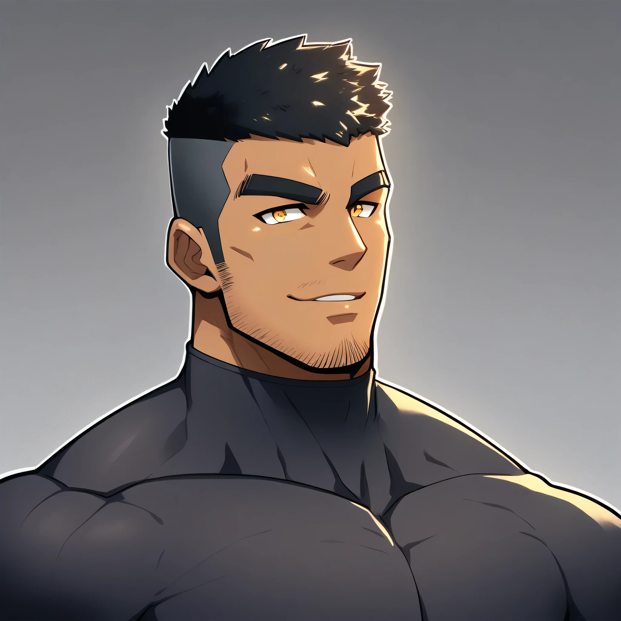 anime characters:Gyee, Muscle Sports Student, negro black skin, 1 dark skin muscular tough guy, Manliness, male focus, Dark grey high collar long sleeve wetsuit, Matte texture, Very tight, Round, full and perky chest muscles, Slightly transparent, muscular male, muscular, only, Upper body, alone, Black short hair, Thick eyebrows, stubble, Yellow eyes, Grey background, simple background, amazing quality, best aesthetics, Ridiculous, bright pupils, crew cut, parted lips, seductive smile, torogao, naughty face, best quality