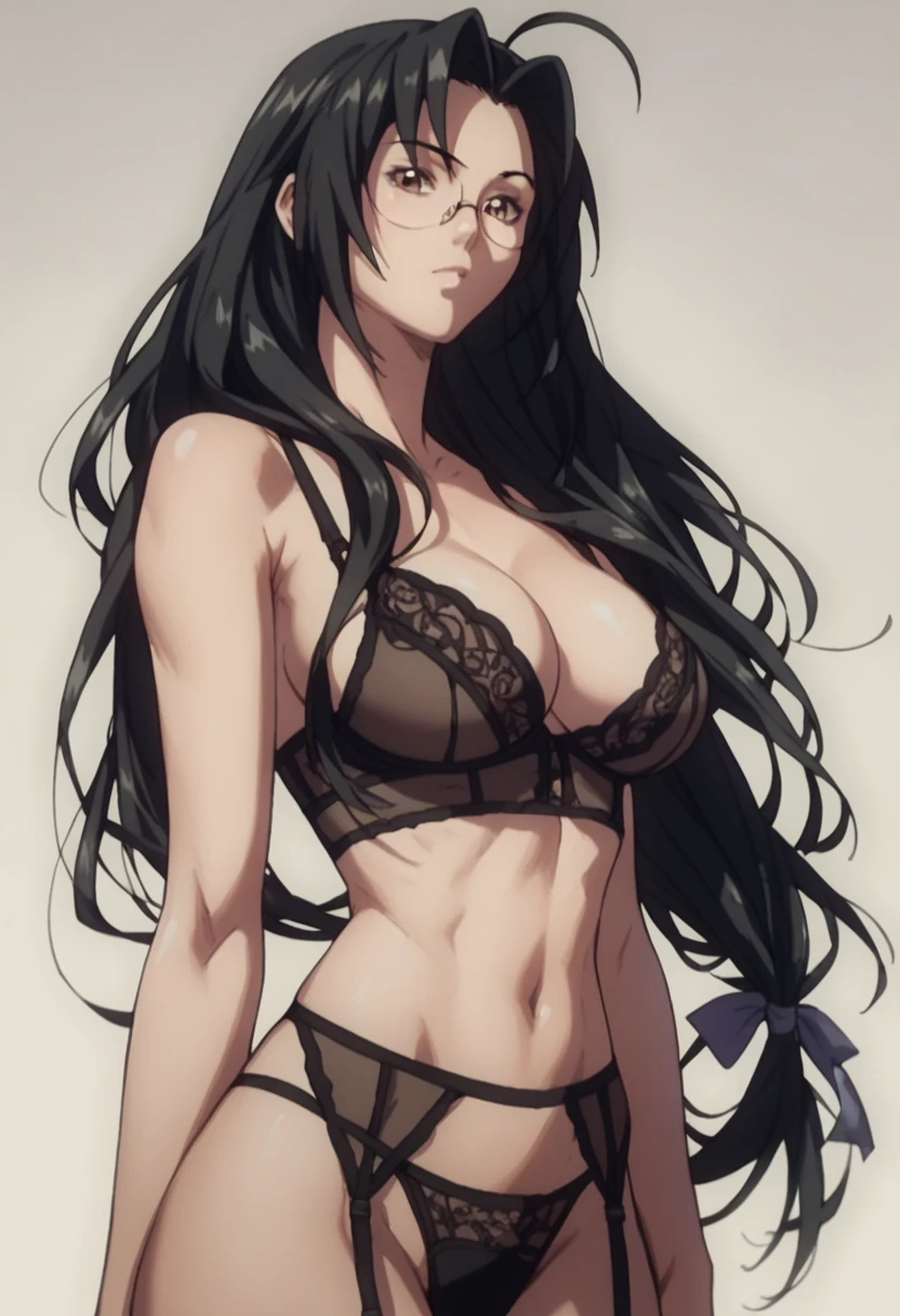 kaku bunwa, long hair, black hair, glasses, ahoge, brown eyes, breasts, large breasts，Sexy lingerie