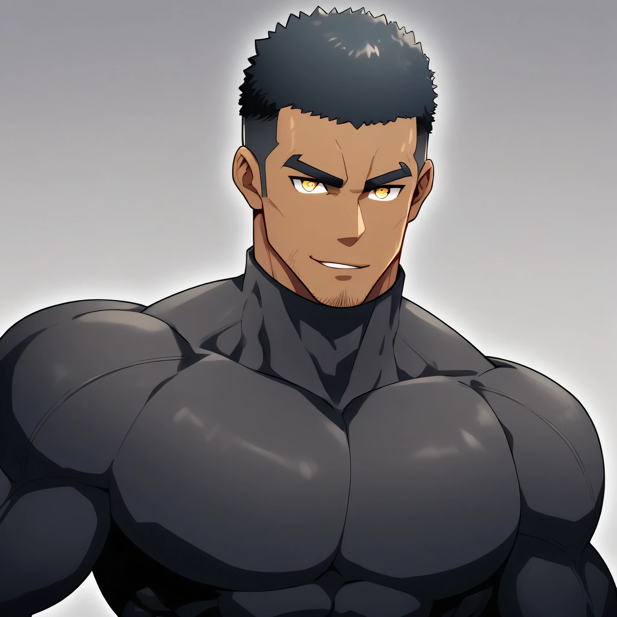 anime characters:Gyee, Muscle Sports Student, negro black skin, 1 dark skin muscular tough guy, Manliness, male focus, Dark grey high collar long sleeve wetsuit, Matte texture, Very tight, Round, full and perky chest muscles, Slightly transparent, muscular male, muscular, only, Upper body, alone, Black short hair, Thick eyebrows, stubble, Yellow eyes, Grey background, simple background, amazing quality, best aesthetics, Ridiculous, bright pupils, crew cut, parted lips, seductive smile, torogao, naughty face, best quality