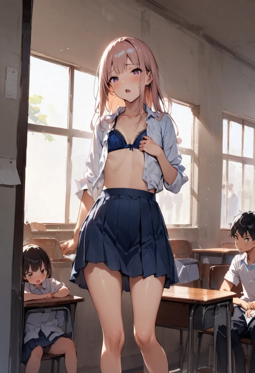 School、In the classroom、Sitting in a chair、Girl、Girl、Short、Younger、Lower school year、Baby Face、flat chest、Dynamic Angle、masterpiece、best quality、ultra-detail、Great Khan、The air conditioner is broken、Summer sunshine、Miniskirt、Panties、bra、Spreading legs、Looks hot、Raise one leg、The desks are lined up、corridor、window、Seems like a hassle、Complaining、There are several classmates behind me.、Clothing、Untidy appearance、Her chest is exposed、Wide Stride、Fan、With his mouth open sloppily