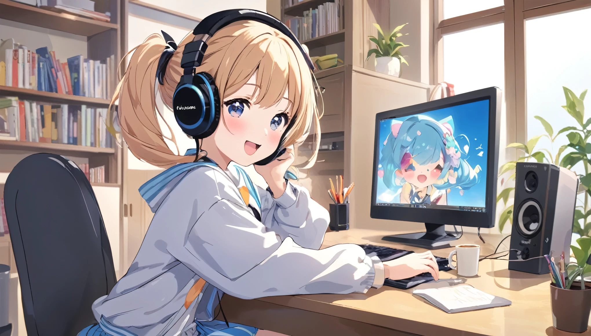 Cute girl wearing headphones、They seem to be having fun.、There is a computer and a mug on the desk、Idol、Japanese anime style