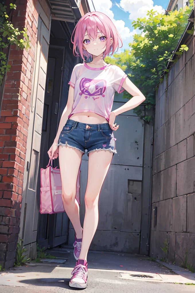 Pink hair，Purple Eyes，short hair，sister head，Two black hairpins，Girl，cute，laughing expression，Short sleeves with exposed shoulders，Denim shorts，Navel，Wearing sneakers，Standing on the ground，whole body，Don't show your arms，The background is the other side of the flower，A lot of red spider lilieany clouds