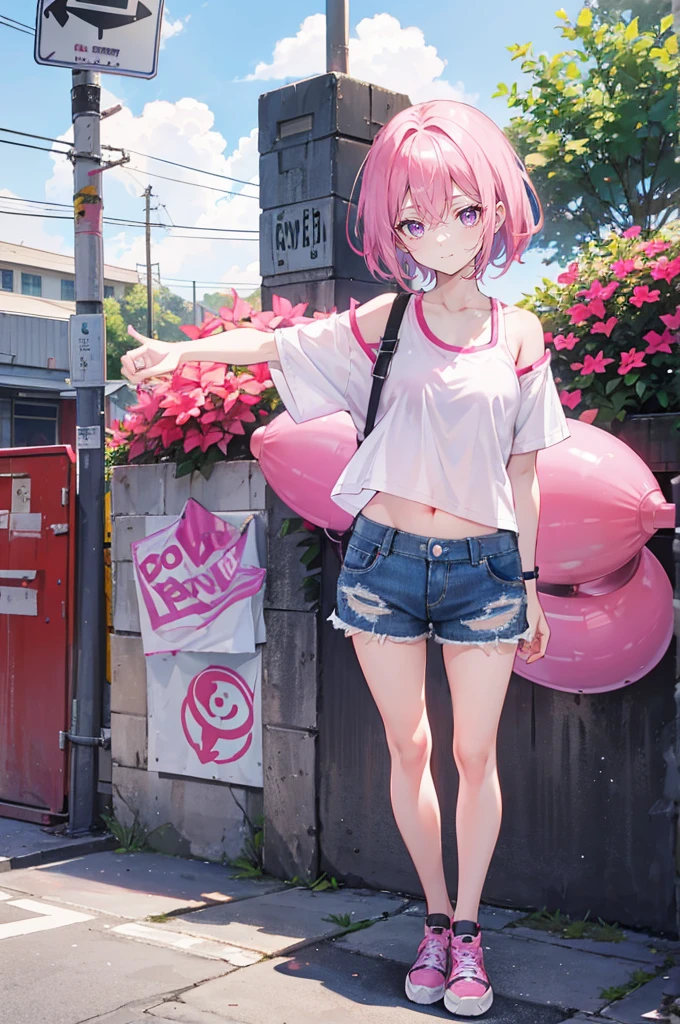 Pink hair,Purple Eyes,short hair,sister head,Two black hairpins,Girl,cute,laughing expression,Short sleeves with exposed shoulders,Denim shorts,Navel,Wearing sneakers,Standing on the ground,whole body,Don't show your arms,The background is the other side of the flower,A lot of red spider lilieany clouds