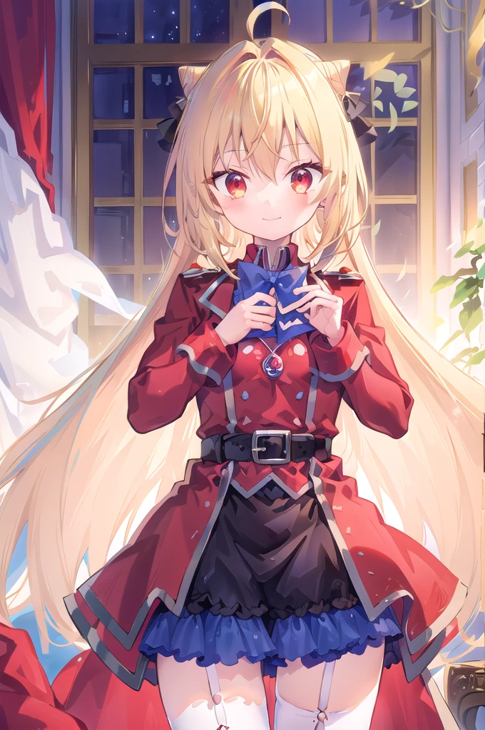 1girl,solo,full body,standing,(beautiful fingers),masterpiece,best quality,(Ultra high definition eyes:1.2),8k,(Beautiful detailed eyes:1.2),(Fine and beautiful eyes:1.2),(pretty eyes:1.2),finely detail,extremely CG, absurdres,high resolution,illustration,Detailed and beautiful outlines,finely detail,high resolution,(colorful refraction:1.4,Increase saturation:1.2),beautiful lighting,dynamic lighting,closed room,black background,simple background, smile,looking at viewer,long hair, blonde hair, cone hair bun, hair ornament, hair intakes, ahoge, bangs, red eyes, blue bowtie, red jacket, red coat, long sleeves, belt, white skirt, garter straps, white thighhighs
