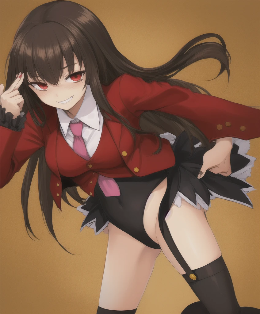 mammon \(umineko\), long hair, straight hair, red eyes, stakes of purgatory, 1girl, solo, red jacket, cropped jacket, white shirt, undershirt, collared shirt, frilled leotard, showgirl skirt, garter straps, black thighhighs, (((umineko no naku koro ni))) sadistic smile,deep shaded face,,smile worst,worst ridecule,evil moukery,,,two hands,five fingers,black background,A face full of evil,Too evil ridicule,black hair,solo,