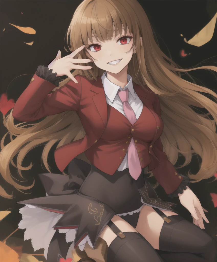 mammon \(umineko\),  long hair, straight hair, red eyes, stakes of purgatory, 1girl, solo, red jacket, cropped jacket, white shirt, undershirt, collared shirt, frilled leotard, showgirl skirt, garter straps, black thighhighs, (((umineko no naku koro ni)))   sadistic smile,deep shaded face,,smile worst,worst ridecule,evil moukery,,,two hands,five fingers,black background,A face full of evil,Too evil ridicule,black hair,solo,