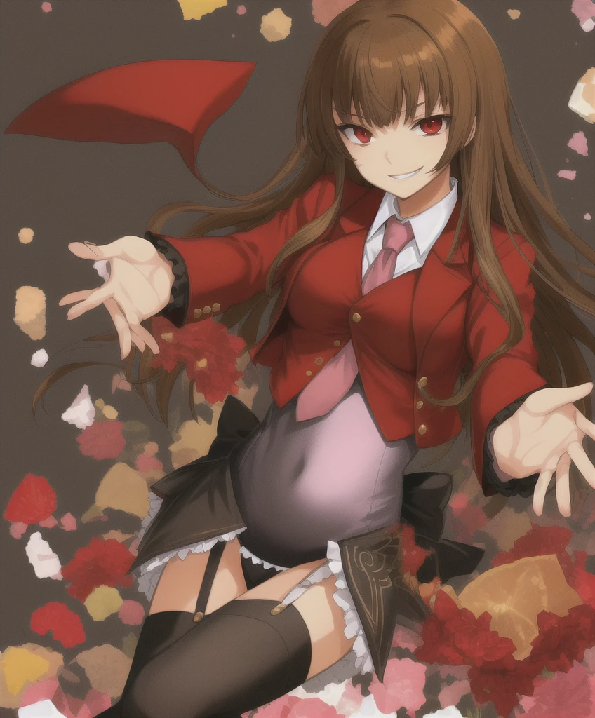 mammon \(umineko\),  long hair, straight hair, red eyes, stakes of purgatory, 1girl, solo, red jacket, cropped jacket, white shirt, undershirt, collared shirt, frilled leotard, showgirl skirt, garter straps, black thighhighs, (((umineko no naku koro ni)))   sadistic smile,deep shaded face,,smile worst,worst ridecule,evil moukery,,,two hands,five fingers,black background,A face full of evil,Too evil ridicule,black hair,solo,