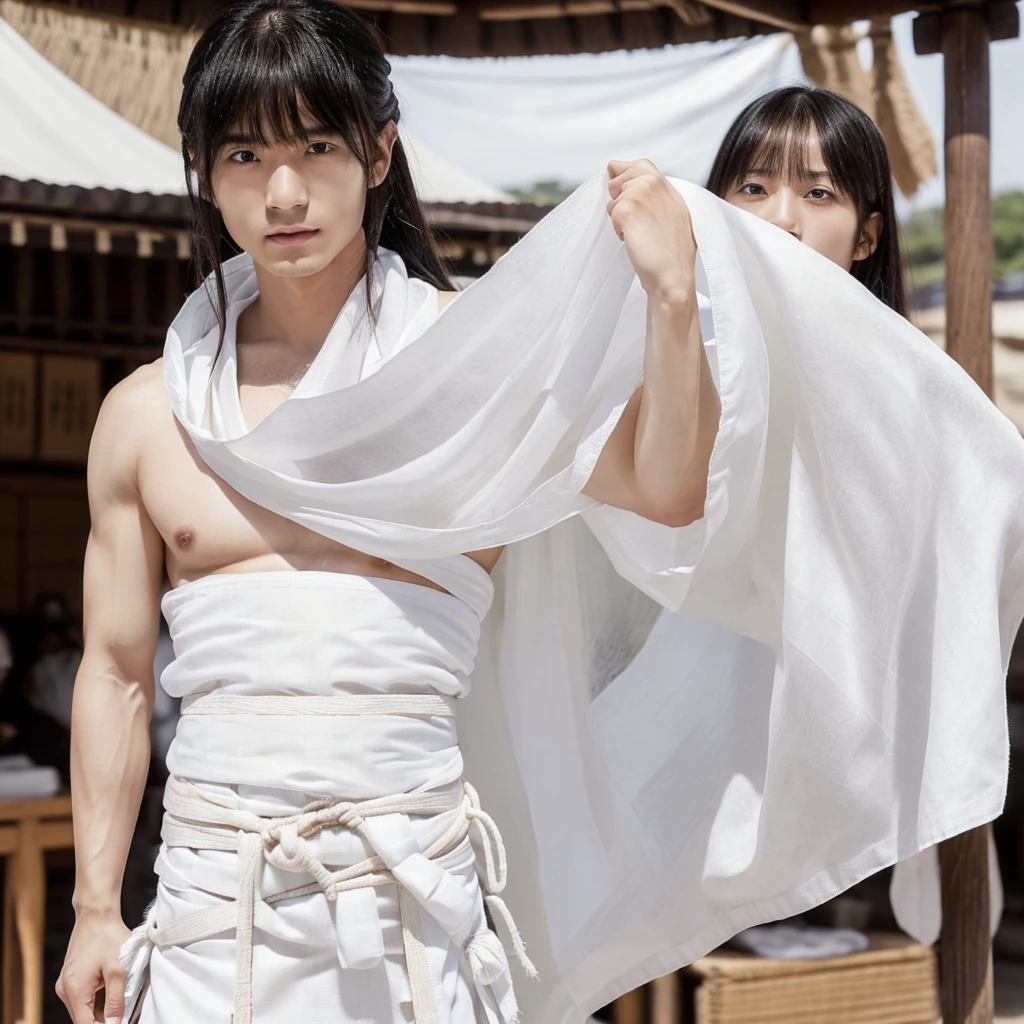 Japanese、1people々 woman、Photo Style、length, Straight black hair、bangs、light makeup、Standard face、(((Wearing a white Etchu loincloth)))、(A cloth wrapped around his chest)、Summer festival、((Showing off your loincloth)), 32k, Raw photo、Highest quality