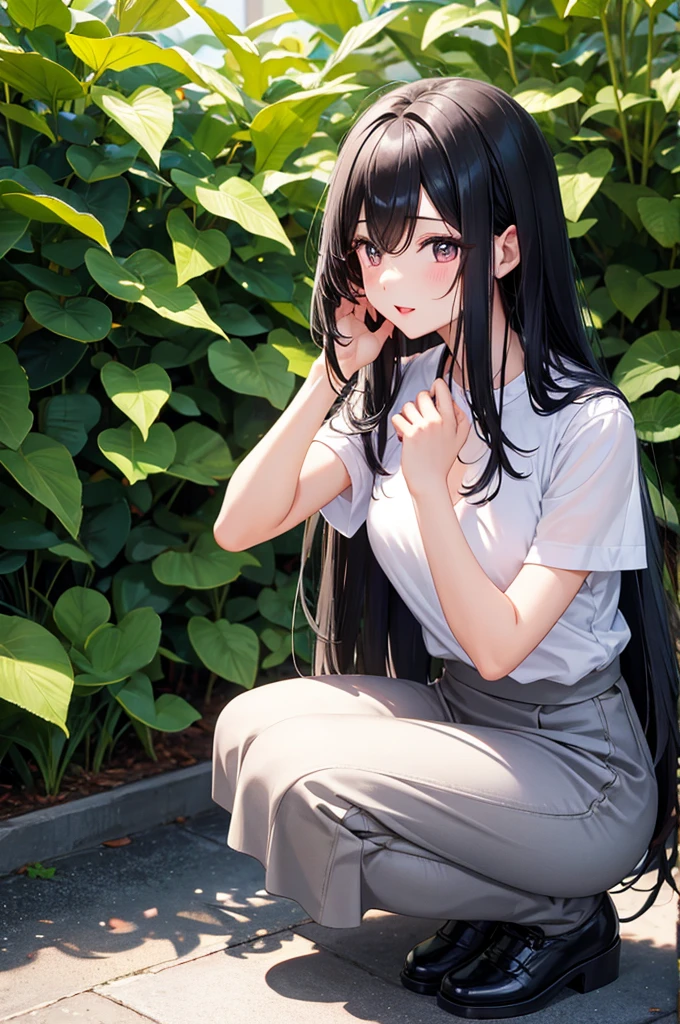 Squat、Long skirt long black hair, Natural Straight Hair, Bright lips