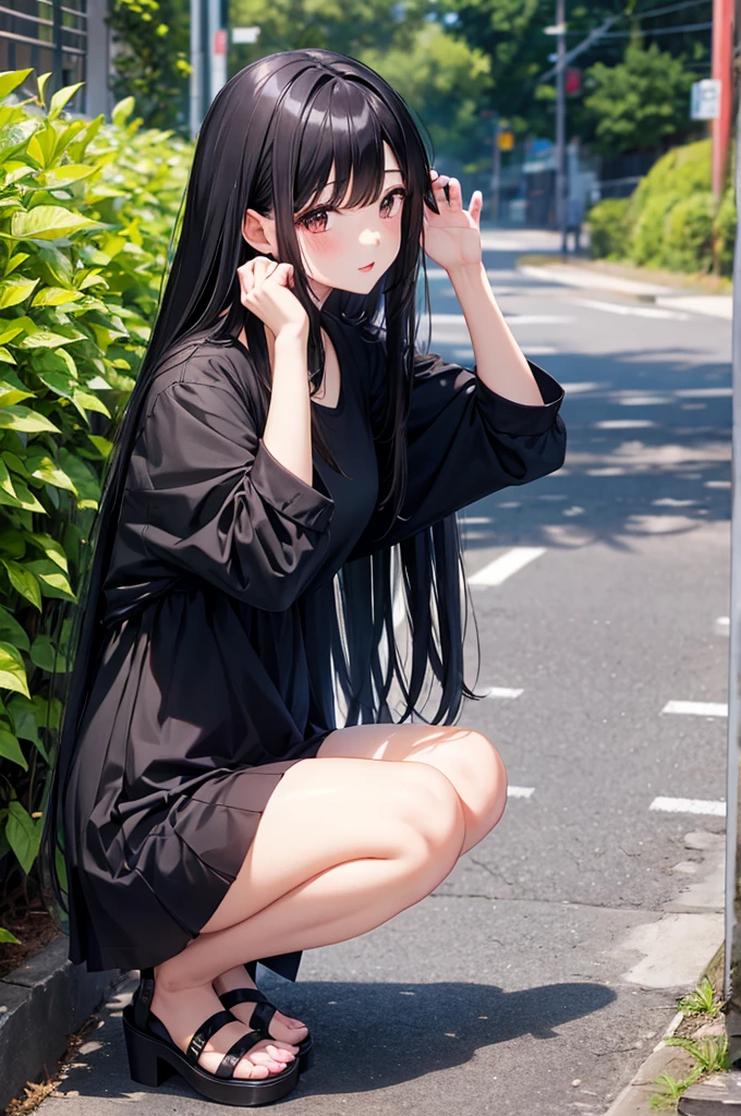 Squat、Long skirt long black hair, Natural Straight Hair, Bright lips