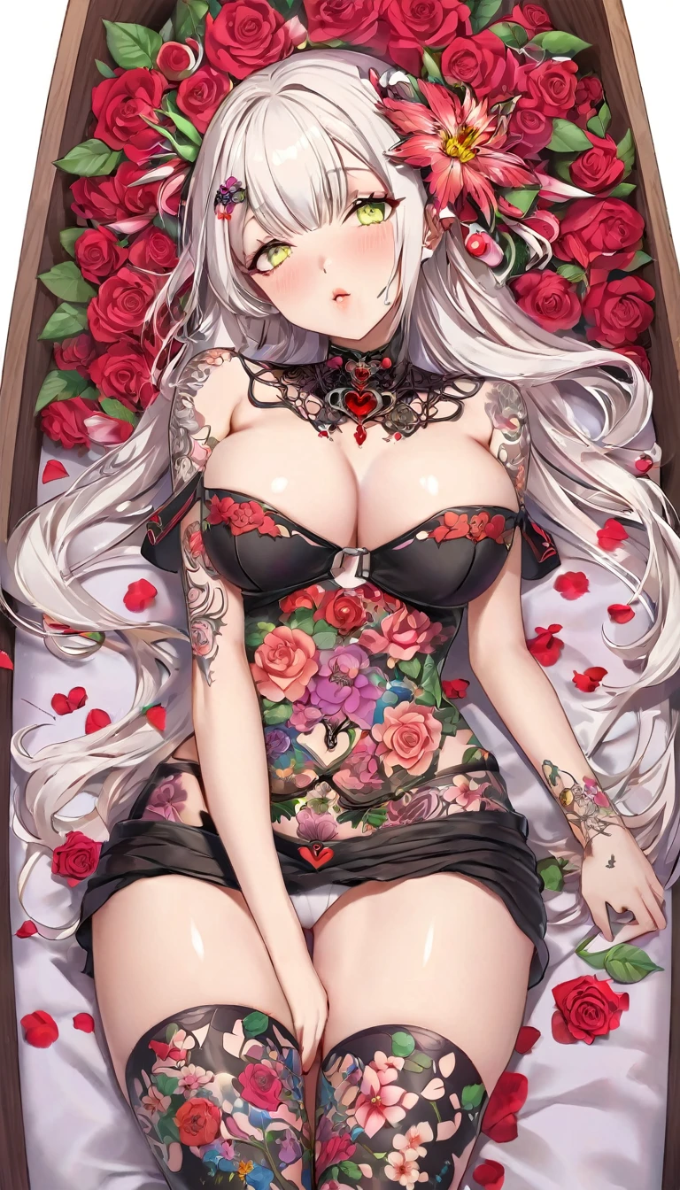 {{{{{16k}}}}}, {{{{{transforming a pure girl into her facial rank and tits rose to the SSS rank of top-notch pretty actresses, She is laid on an coffin of flowers bouquets of flowers are stabbed all over her body and her body becomes more curvy her tits more erect as they float above her and she is turned into a cutesy flower arrangements, She knows that if she sleeps she will lose her life but she cannot stop her sleep her eyelids grow heavy and the moment she is fully asleep the flower glows absorbs her life blooms more cutely and transforms her corpse into something lovely and capable of eternal necrophilia, Each time she was necrophiliac her tattoos increased the tattoos her waist and underbust became thinner, her breasts become even larger and deeper with cleavage, Her hair is replaced by a bang long glossy very Straight hair, Everything about her became one with the flowers so that her nipples and pussy were stained with flower tattoos her straight hair hung out like flower vines and her tits bore like the fruit of a flower, She is fitted with a heart collar that puts people into eternal sleep which transforms her into a cute once-in-a-millennium narcotic flower arrangement that becomes her too-cute corpse}}}}},{{Extremely detailed}},{{{{{integrated her head pure small, All the fat from her limbs and waist will move to her swinging tits and slender limbs, Enchanting Too thick and erotic lips, Her thickened lips shimmer with luster, A cutely girl's soul-draining white eyes}}}}},{{{{{Her tattoos spread all over her body with hallucinations, She is tattooed with lewd flowers on her neck, arms, lower abdomen, thighs, Flower piercings are attached all over her body, floral bill of offerings for her}}}}}