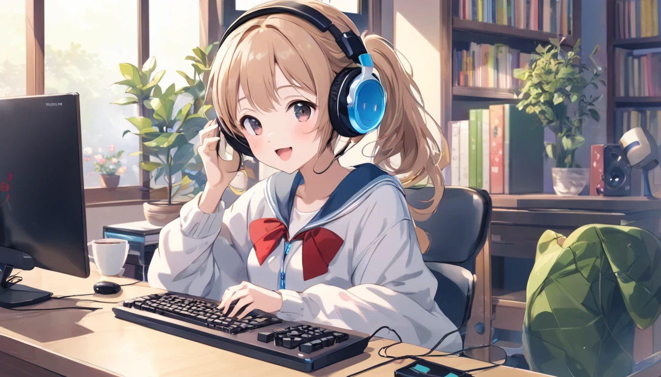 Cute girl wearing headphones、They seem to be having fun.、There is a computer and a mug on the desk、Idol、Japanese anime style