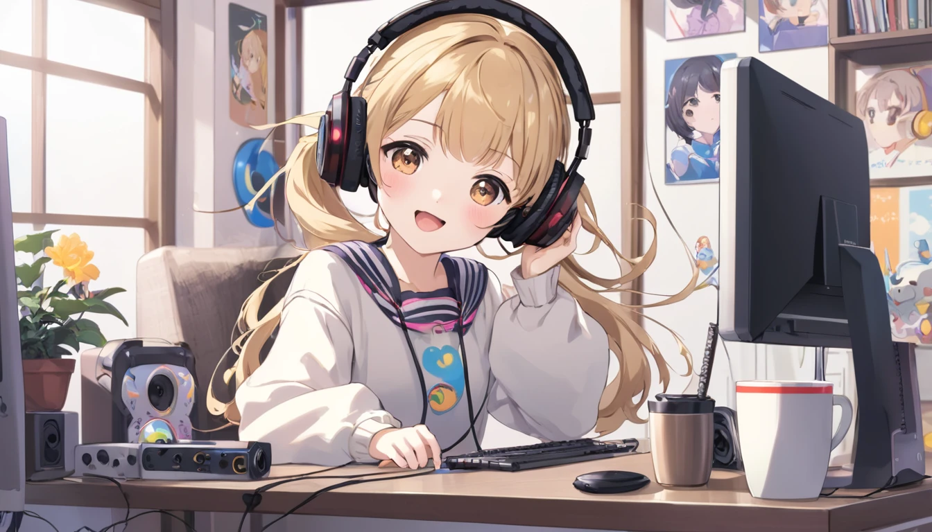 Cute girl wearing headphones、They seem to be having fun.、There is a computer and a mug on the desk、Idol、Japanese anime style