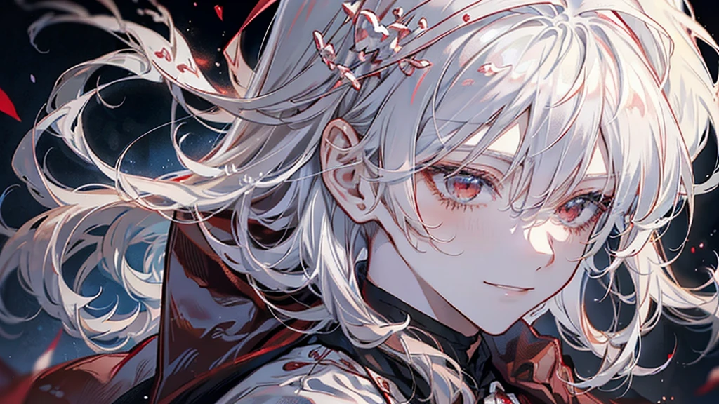 The men are drawn in anime style, Red eyes, Silver long hair, Shyly、and smile happily, shy, virtuous, cute, A blissful and gentle expression, An elegant gesture, Wearing a white gothic formal style outfit, Shiny white holy church background, Holy Priest Vampire, holy aura