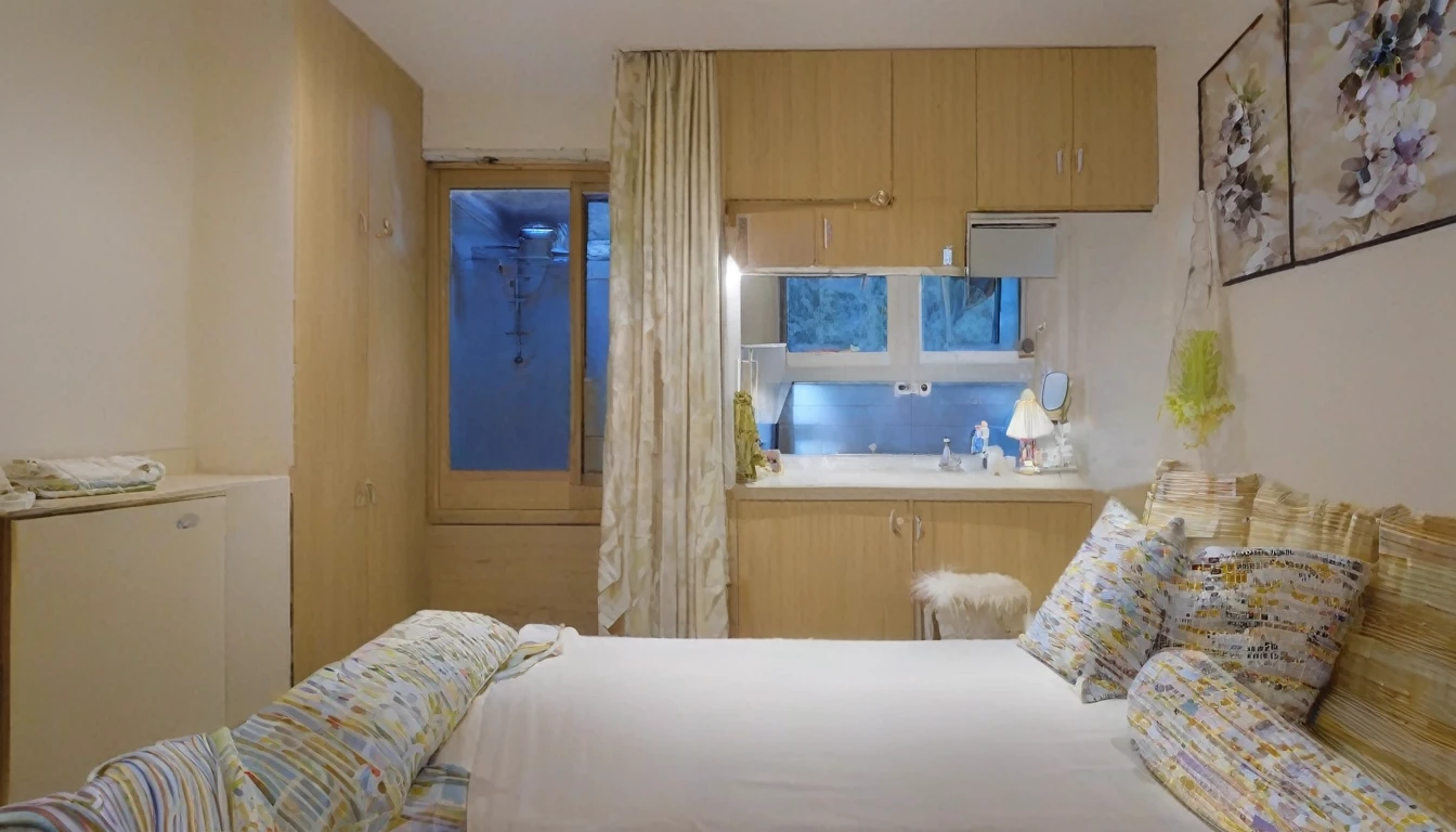 room with bathroom, bed, wardrobe, quiet environment