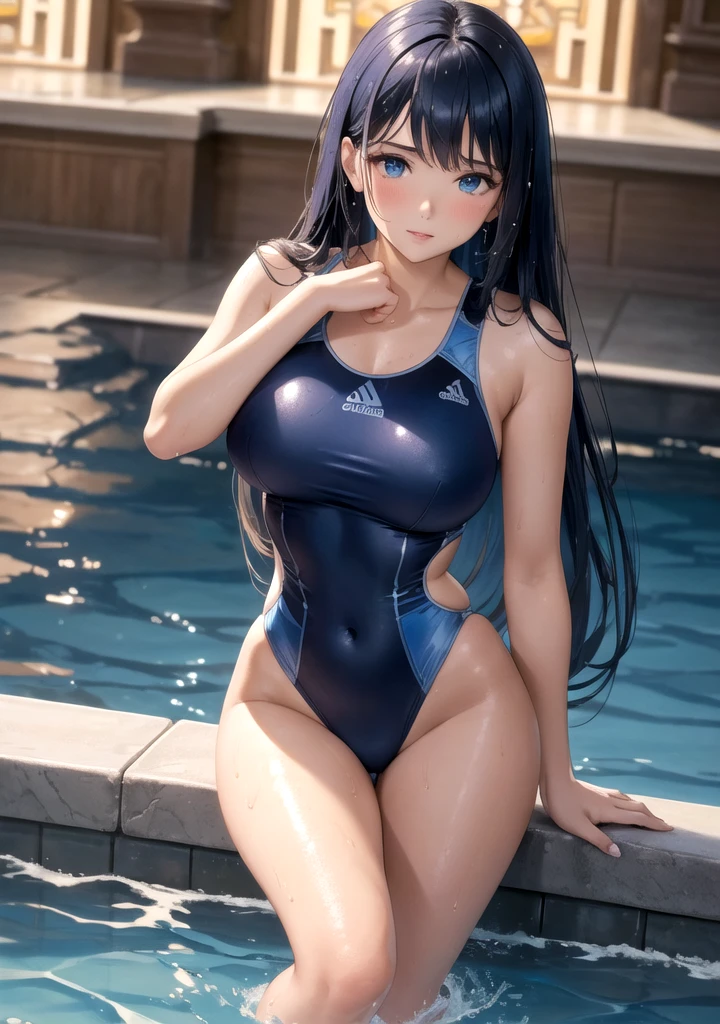 (masterpiece, High resolution, Highest quality, Super detailed, Detailed Background, Cinema Lighting:1.2), (Beautifully detailed face, Fine grain), Pool, sunset, One girl, Long Hair, Dark blue hair, Straight hair, bangs, swept bangs, Medium chest, Firm breasts, Toned Up, blue eyes, Casual one piece swimsuit, Swimsuit, Wet, Wet hair, Wet swimsuit, Water Drop, Shiny skin, Glossy Lips, Sexually suggestive,