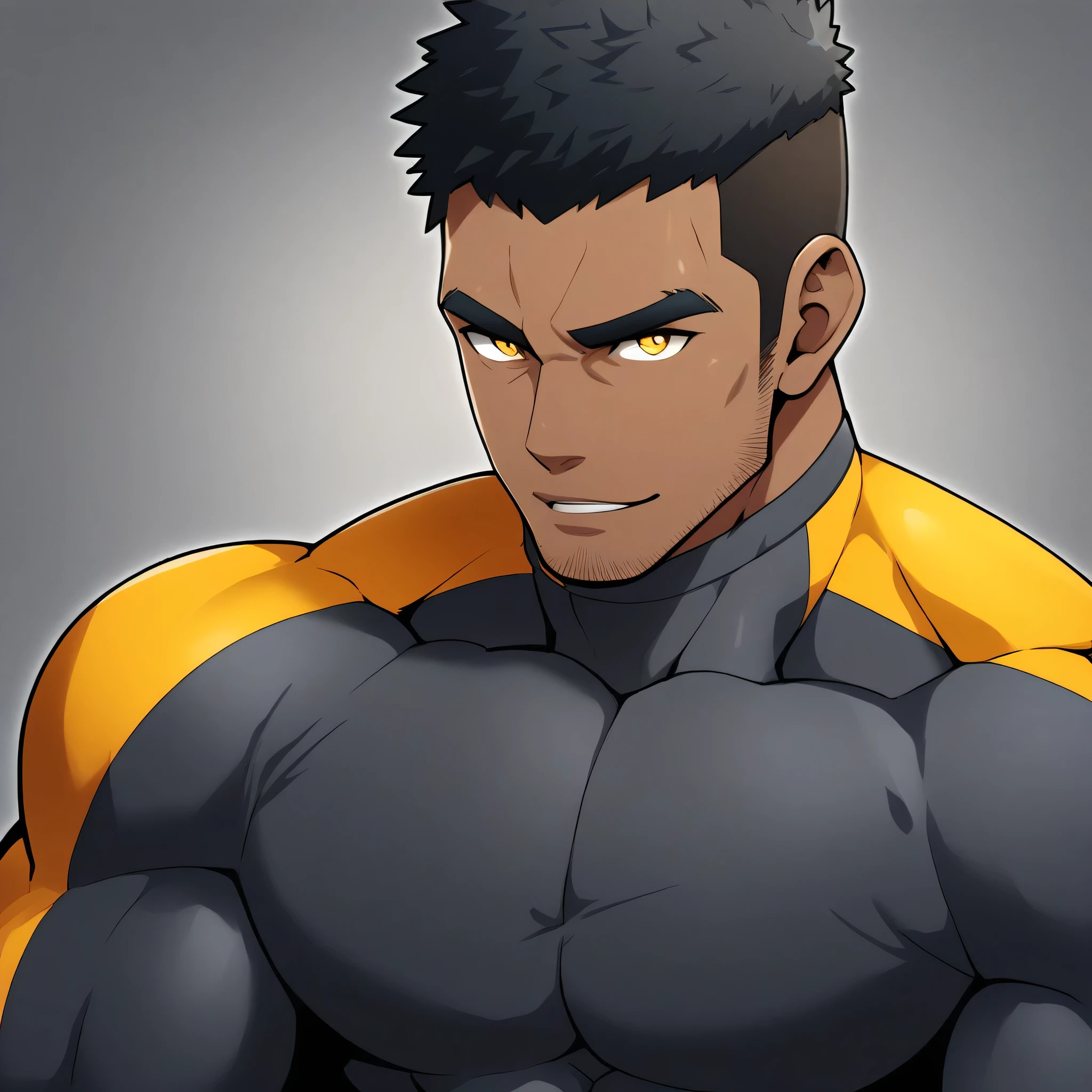 anime characters：Gyee, Muscle Sports Student, negro black skin, 1 dark skin muscular tough guy, Manliness, male focus, Dark grey high collar long sleeve wetsuit, Matte texture, Very tight, Round, full and perky chest muscles, Slightly transparent, muscular male, muscular, only, Upper body, alone, Black short hair, Thick eyebrows, stubble, Yellow eyes, Grey background, simple background, amazing quality, best aesthetics, Ridiculous, bright pupils, crew cut, parted lips, seductive smile, torogao, naughty face,  best quality