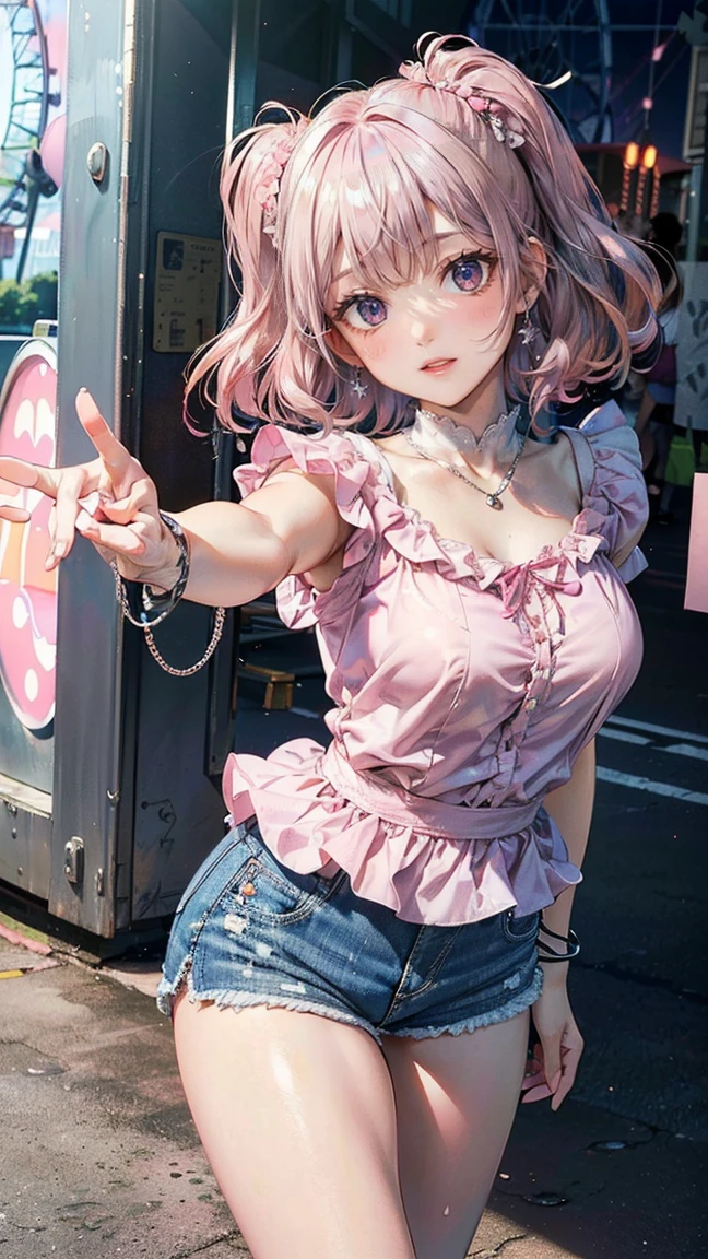 (Masterpiece, BestQuality:1.3), (ultra detailed:1.2), (hyperrealistic:1.3), (RAW photo:1.2), High detail RAW color photo, professional photograph, (Photorealistic:1.4), (realistic:1.4), (Pink Hair:1.5), professional lighting, perfect anatomy, (Big Breasts:1.2), (blush, detailed face), (A happy smile:1.7), sexly, erotic sexly, Random sexy gravure poses, (Beautiful woman wearing a pastel pink ruffled blouse and denim shorts、An innocent smile at the amusement park、Silver Anklet、Pose with arms outstretched in front of the Ferris wheel。:1.3)