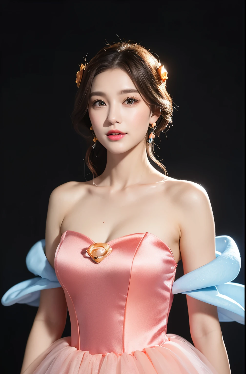 (((Fantastic Four Costumes)))、Dressed as a gentle and beautiful woman、Full body image、Exquisite and sexy clavicle、Charming oval face、Double eyelids、Bright peach blossom eyes、Pink lips、Small nose、Bare shoulders、Face Focus、Face、Ultra HD、Super Detail、Stand gracefully