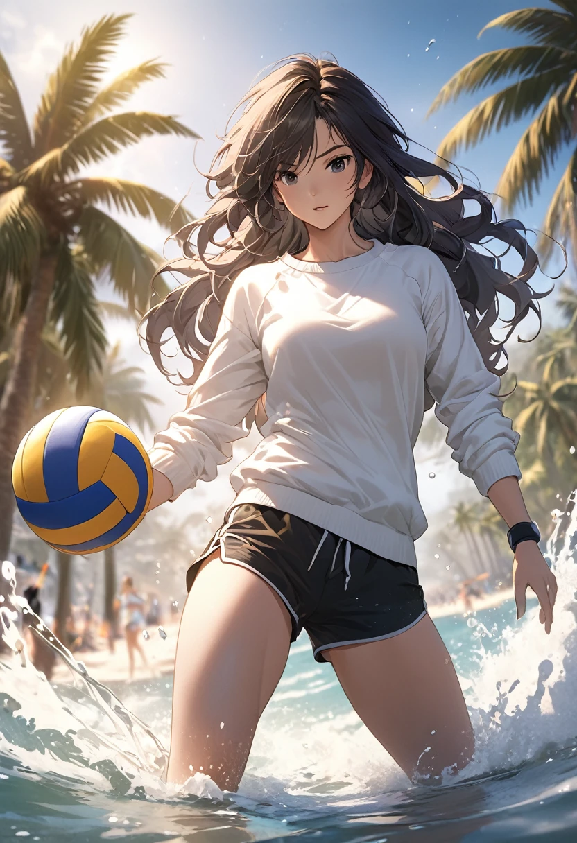 ( Correct and perfect anatomy )An attractive anime girl wearing a white sweatshirt and shorts plays volleyball while standing on the beach(sea water splash) Showing the dynamic posture of playing volleyball, light blue wavy long hair flying quickly, with a sense of speed, dynamic action posture, Distant view of beach with palm trees super detailed，complicated，Film perspective，The use of light and shadow in CG art is bright, High-quality animation style presentation