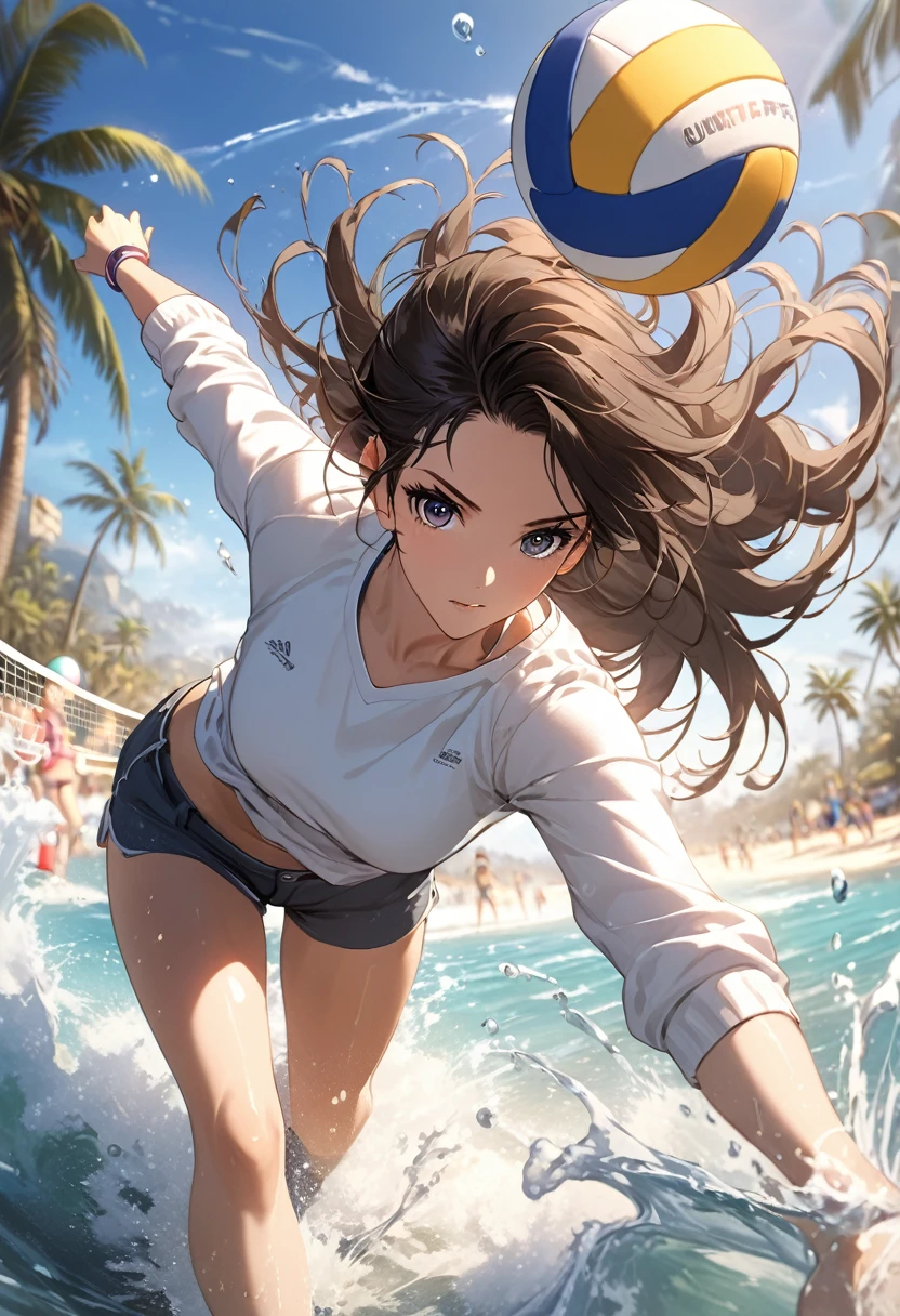 ( Correct and perfect anatomy )An attractive anime girl wearing a white sweatshirt and shorts plays volleyball while standing on the beach(sea water splash) Showing the dynamic posture of playing volleyball, light blue wavy long hair flying quickly, with a sense of speed, dynamic action posture, Distant view of beach with palm trees super detailed，complicated，Film perspective，The use of light and shadow in CG art is bright, High-quality animation style presentation