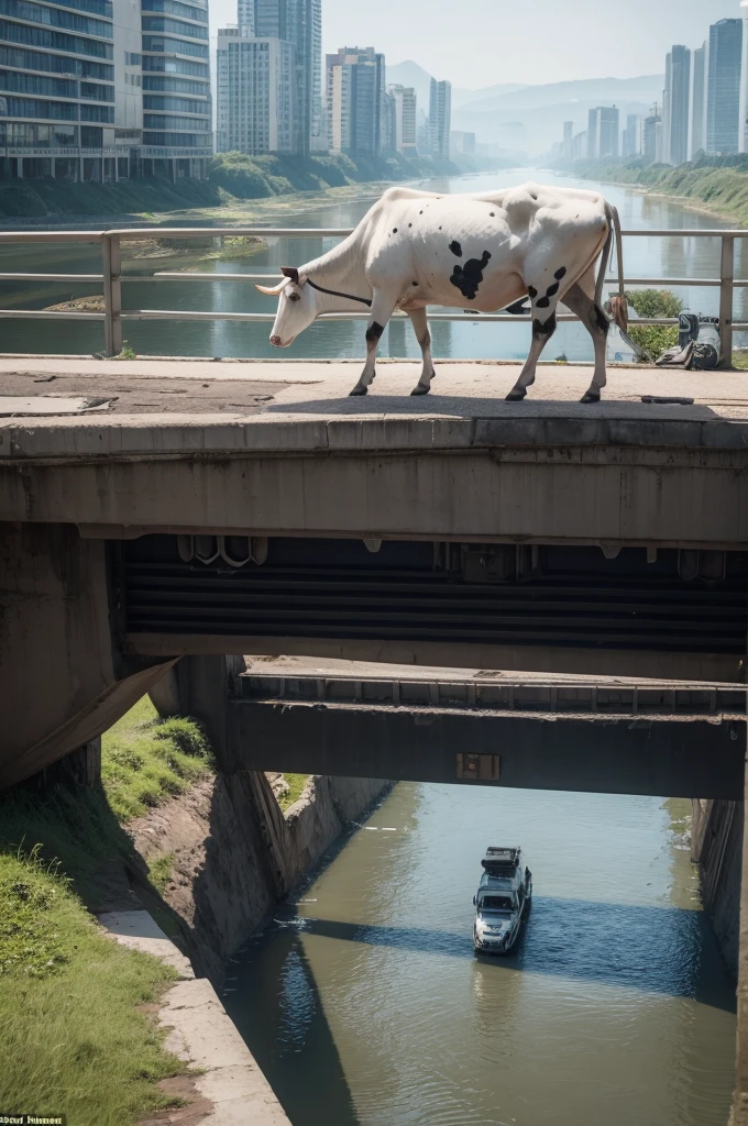 In a futuristic image, a cow on a bridge looking at the world that is completely devastated and a river full of abandoned vehicles