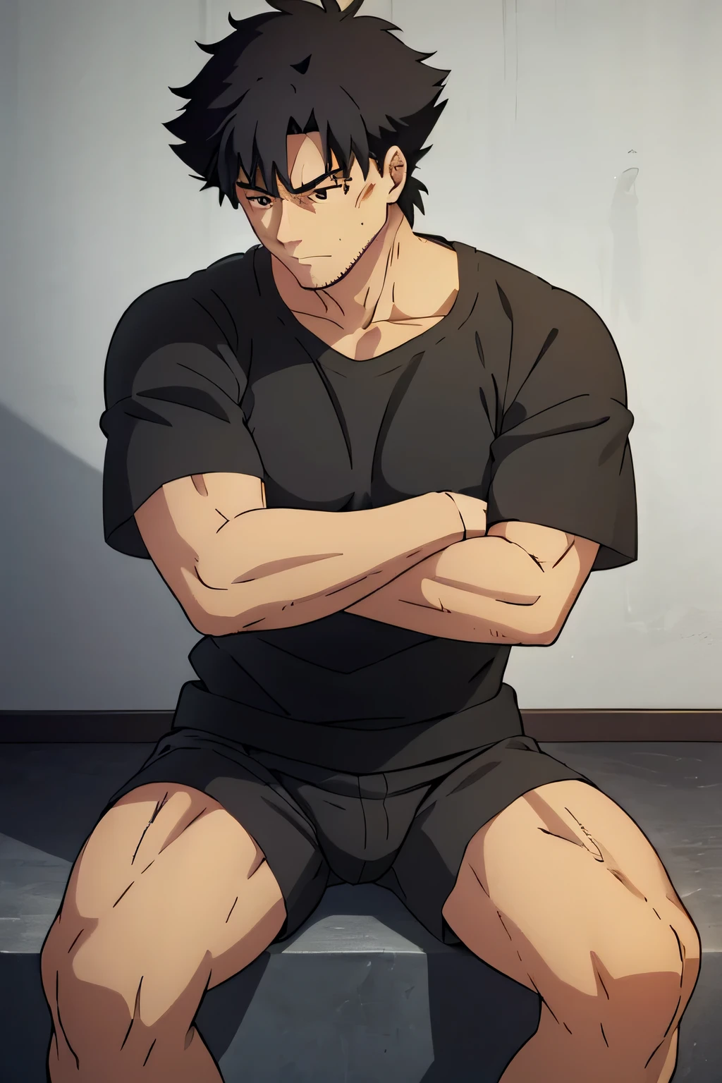 Kiritsugu is sitting and flexing his arms. He wears black short boxershorts. You can see his thighs completely. He wears a black tshirt with short sleeves. His right sleeve is completely rolled up, so you can see his entire arm and shoulder. He has a huge bulge. You can see his abs too.