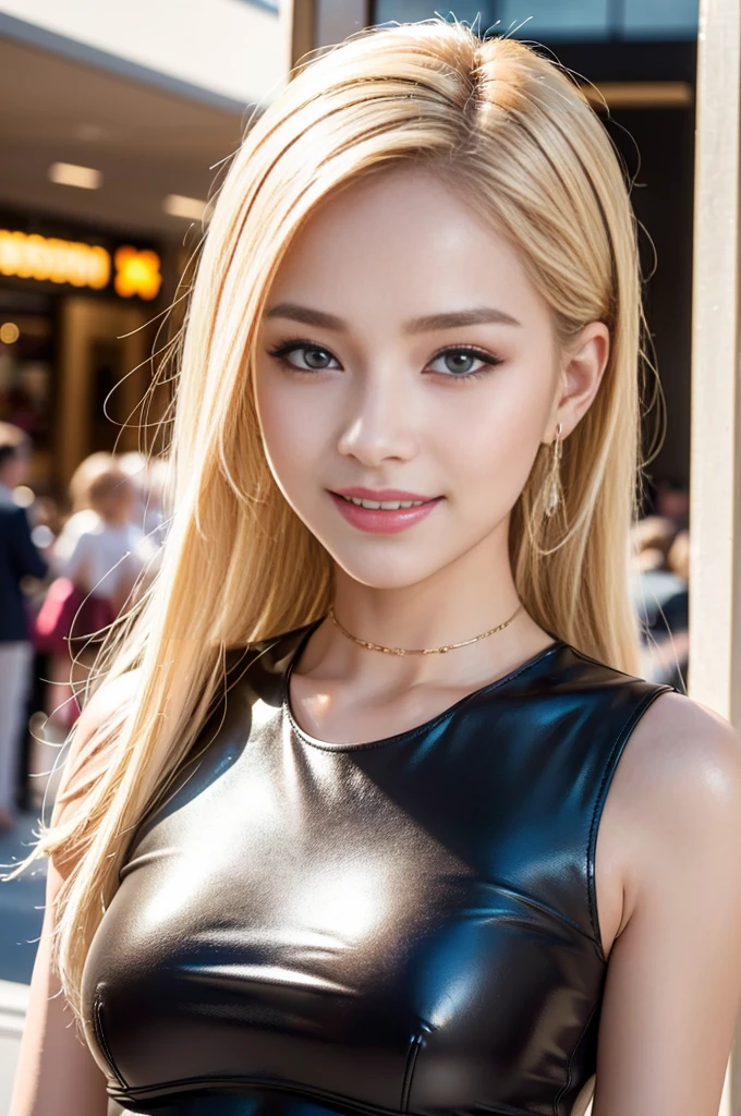 (best quality, 4k, 8k, highres, masterpiece:1.2), ultra-detailed, (realistic, photorealistic, photo-realistic:1.37), closeup, sexy seductive Swedish model, (happy smile), (small breasts), (slim girl), long lashes, ultra detailed makeup, defined eyebrows, platinum blonde hair, fair skin, elegant posture, wearing large sparkling colorful jewelry, wearing a business style leather dress, standing in a large shopping mall, gentle sunlight shining through the shopping mall windows, casting a soft glow on her face, adding warmth to the scene, vibrant colors, capturing the essence of vibrant city life, portrait style, showcasing her natural beauty and grace in a feminine way