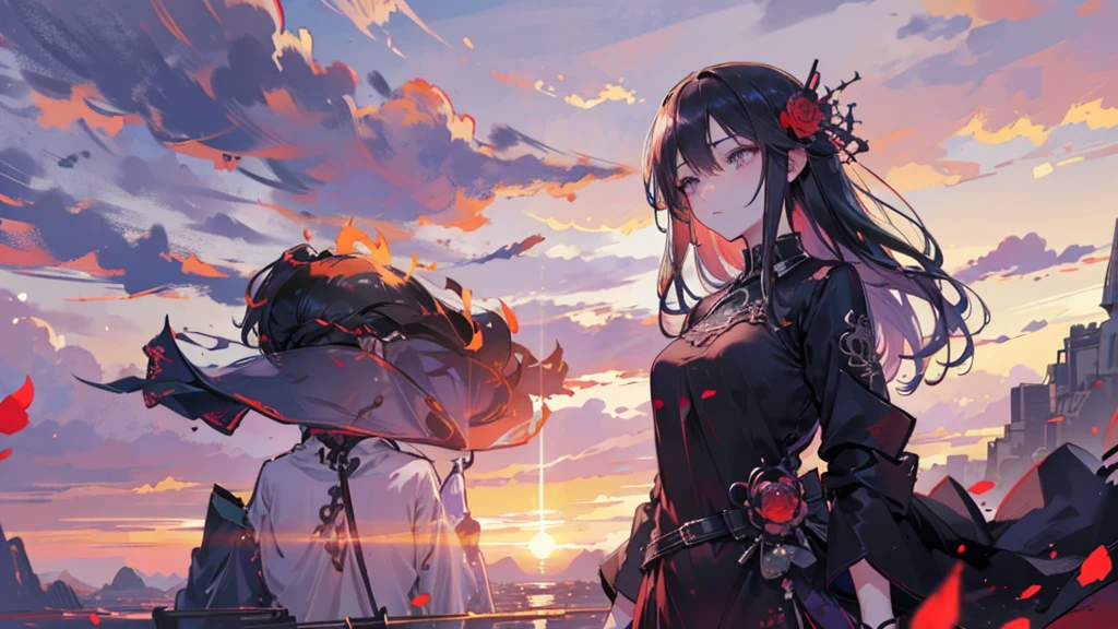 Beautiful youth, Black Hair, Black blouse, Purple eyes, There are red tangerine flowers, Standing under a beautiful sunset sky, Soft sunset light, Calm and romantic atmosphere,high quality, Draw Amount, Pixiv illustration