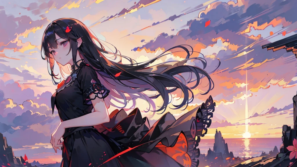 Beautiful youth, Black Hair, Black blouse, Purple eyes, There are red tangerine flowers, Standing under a beautiful sunset sky, Soft sunset light, Calm and romantic atmosphere,high quality, Draw Amount, Pixiv illustration