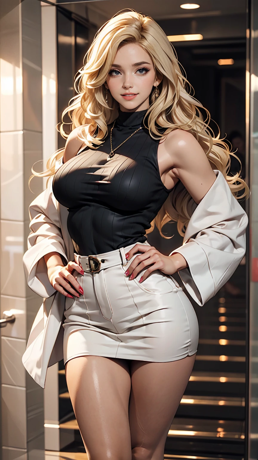White woman、Platinum Blonde、long hair、Hair becomes wavy、skin tight、large breast, Beautiful legs、erotic、Great proportiony hips are constricted、hand on hip、elevator, Hair in the eyes((hair over eyes))、smile, tall, leggy,