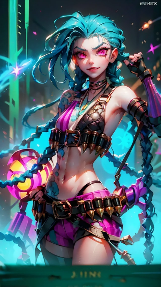 厄运Arcane, uma mulher com Green hair e tatuagens, Cyberpunk woman anime woman, Pants, Beautiful angry cyberpunk goddess, Cyberpunk art style, cyberpunk anime digital art, Cyberpunk Anime Art, Arcane Jinx Retrato, Cyberpunk Anime Art, Cyberpunk Themed Art, Cyberpunk Dark Fantasy, Mysterious style, 1 girl, Star Tattoo on arm, Asymmetrical bangs, scope, Green hair, Green braids, Brown shirt, Star Tattoo, sideways, Green hair, Long hair, Pink Eyes, Red lips, permanent , Cloud Tattoo, Double braid. Arcane Jinx. Garota de Green hair, garota de Double braid, Jinx in a burning place, spark, Photosphere, poster, Jinx, Arcane\(League of Legends\