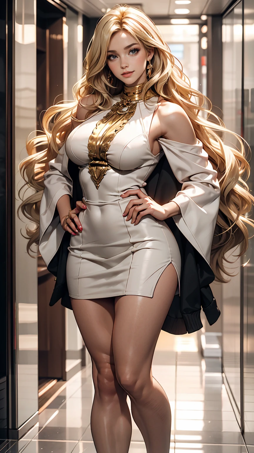 White woman、Platinum Blonde、long hair、Hair becomes wavy、skin tight、large breast, Beautiful legs、erotic、Great proportiony hips are constricted、hand on hip、elevator, Hair in the eyes((hair over eyes))、smile, tall, leggy,