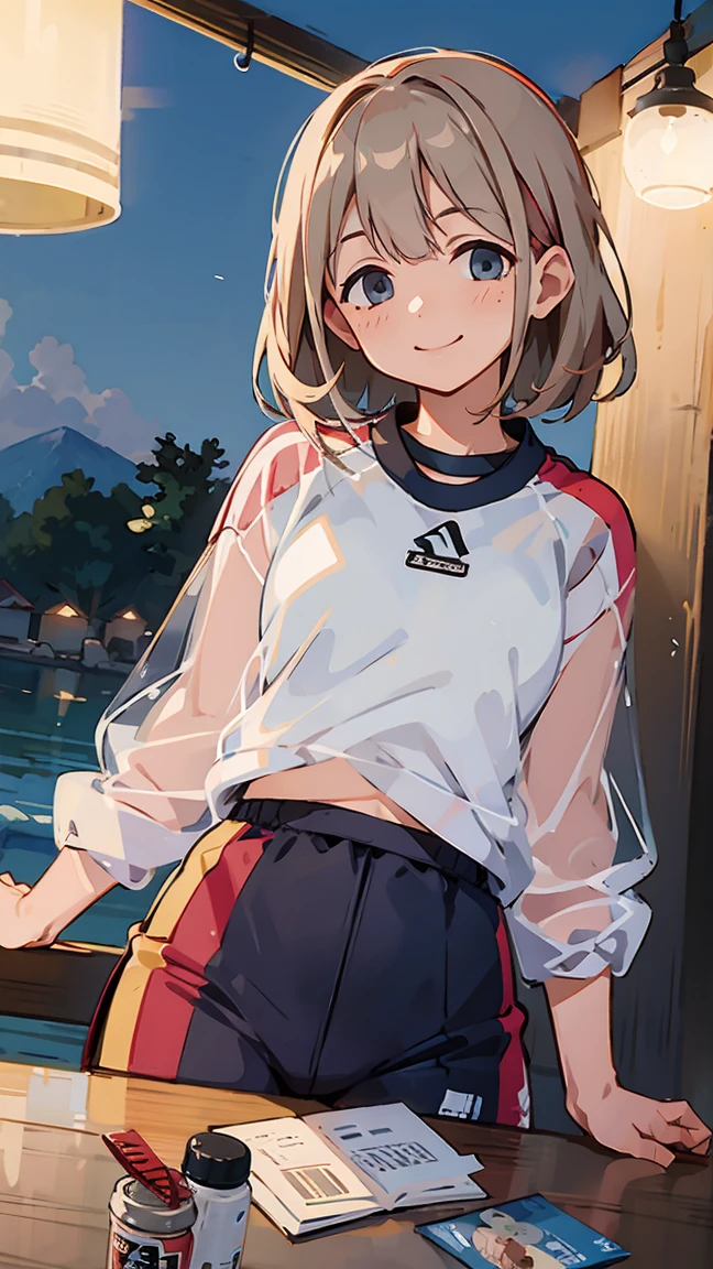 masterpiece, Highest quality, High resolution, Very detailed,(((Asahi Serizawa))), (((See-through sportswear))), (((smile))), Beach at night