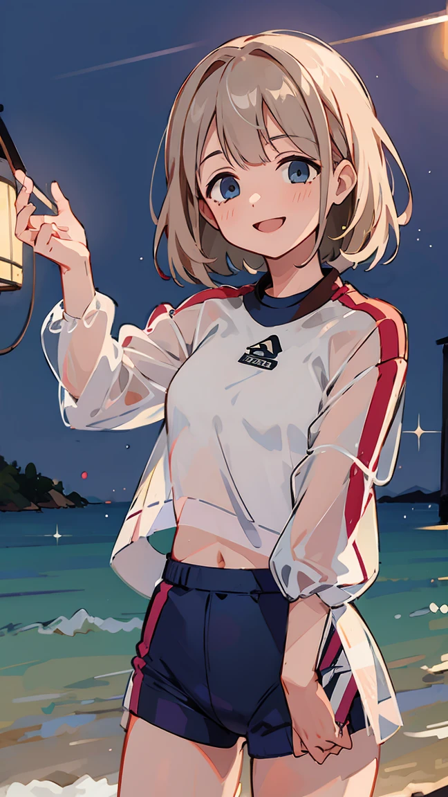 masterpiece, Highest quality, High resolution, Very detailed,(((Asahi Serizawa))), (((See-through sportswear))), (((smile))), Beach at night