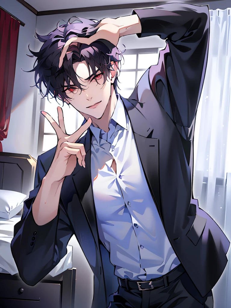 (masterpiece, 4k, high quality:1.3), male focus, sticking tongue out, looking at camera, holding two fingers around mouth, flirty, 1boy, short hair, black hair,tall,fit,asymmetrical fringe, purple eyes, handsome,red eyes eyes, (mature male, mature:1.2), indoors, bedroom, bed, curtains