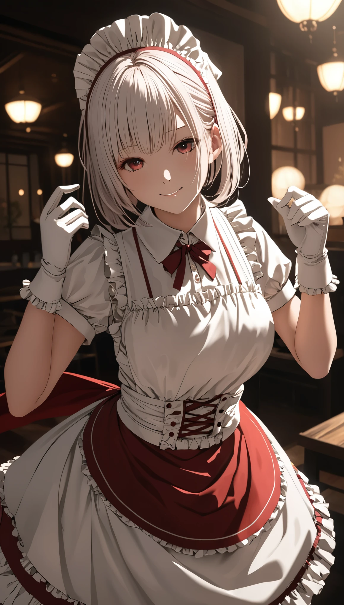 in style of Santiago Caruso,1 Girl, White short hair, Cat ear, Double ponytail, Red head rope, Medium Breast, Maid Apron, Red Skirt, White lining, White gloves, Red Cape, Surreal style, Overhead lighting, Background blur, Smile, blush, Tilt composition, From below, cowboy shot，animated illustrations, close up panoramic wide angle shot, tilt unbalanced composition, global illumination, ray traced reflections, 4K, best quality, ultra detailed, hyperrealistic, subtle tone, close-up intensity, japanese-inspired