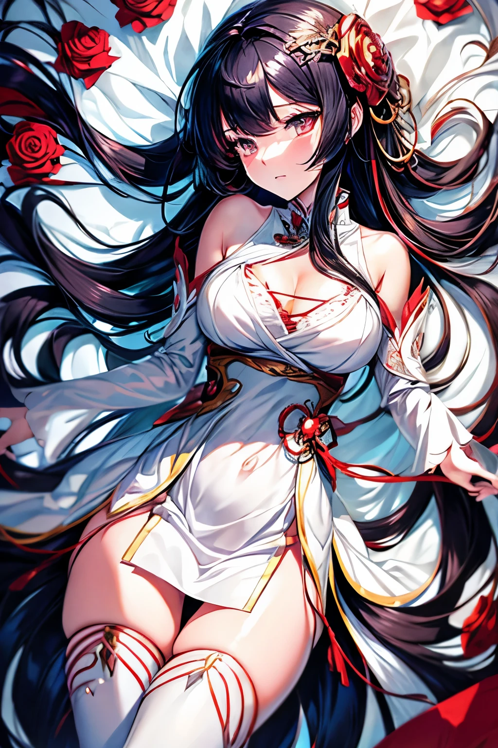 Anime girl with long black hair and a white dress with red roses, tattoo, Beautiful eyes in every detail, Gwaiz, Gwaiz on pixiv artstation, Detailed digital anime art, Beautiful Anime Girls, Gwaiz on artstation pixiv, Anime Style 4k, everyone, Beautiful anime portraits, Detailed portrait of an anime girl, Detailed anime art, Beautiful Anime Women