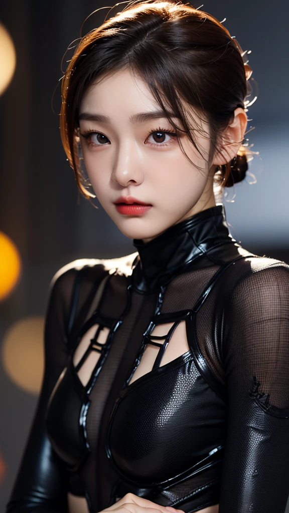 tmasterpiece,1 Korean girl，realisticlying，8K  UHD，high high quality，in the background bokeh, spider-man suit，Spidey，Clothes wrap around the whole body，Tight clothing，Abs contour，Short black hair，s the perfect face，shining face，Ultra-clear face，Elaborate Eyes，idoly