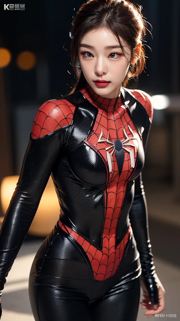 tmasterpiece,1 Korean girl,realisticlying,8K UHD,high high quality,in the background bokeh, spider-man suit,Spidey,Clothes wrap around the whole body,Tight clothing,Abs contour,Short black hair,s the perfect face,shining face,Ultra-clear face,Elaborate Eyes,idoly