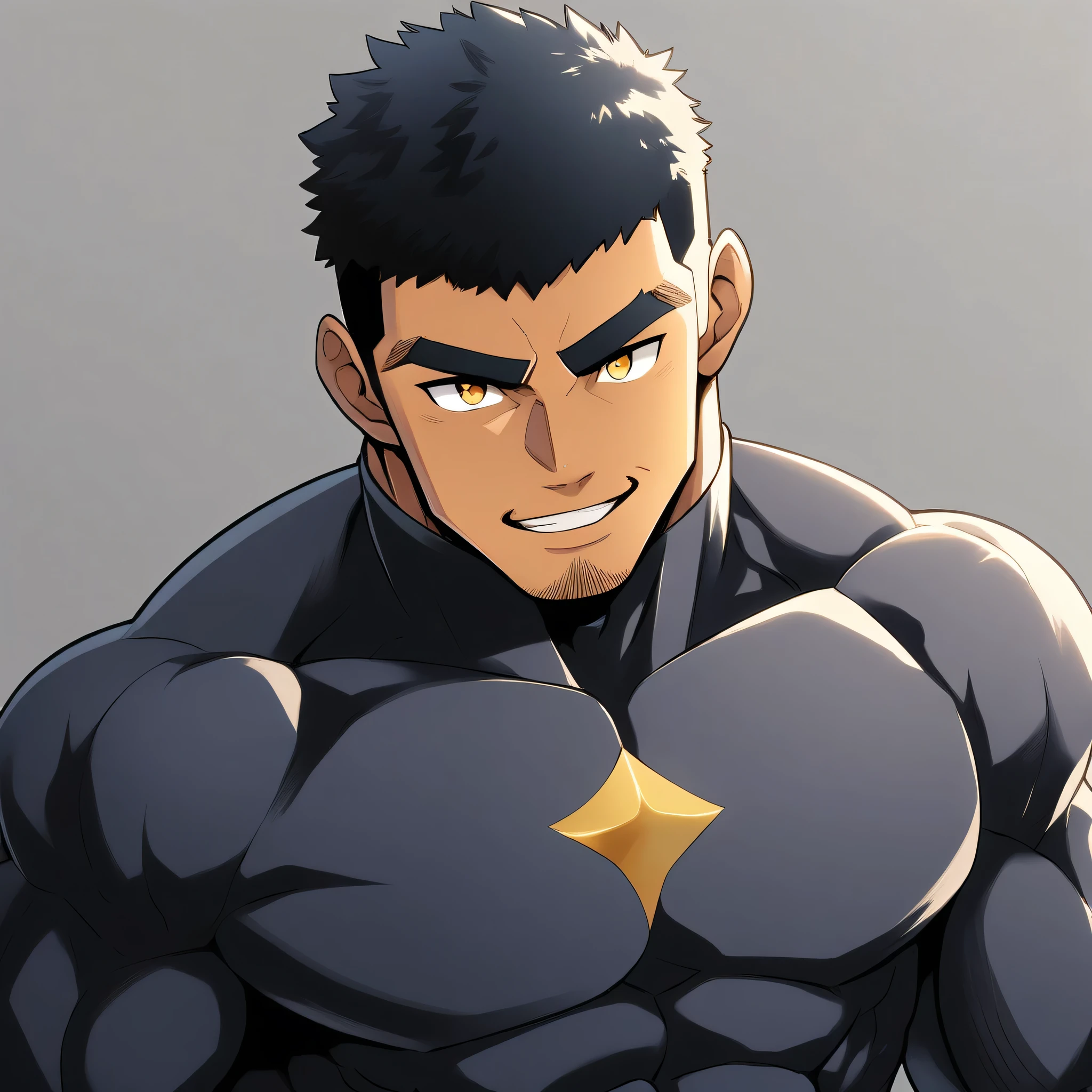 anime characters：Gyee, Muscle Sports Student, negro black skin, 1 dark skin muscular tough guy, Manliness, male focus, Dark grey high collar long sleeve wetsuit, Matte texture, Very tight, Round, full and perky chest muscles, Slightly transparent, muscular male, muscular, only, Upper body, alone, Black short hair, Thick eyebrows, stubble, Yellow eyes, Grey background, simple background, amazing quality, best aesthetics, Ridiculous, bright pupils, crew cut, parted lips, seductive smile, torogao, naughty face,  best quality
