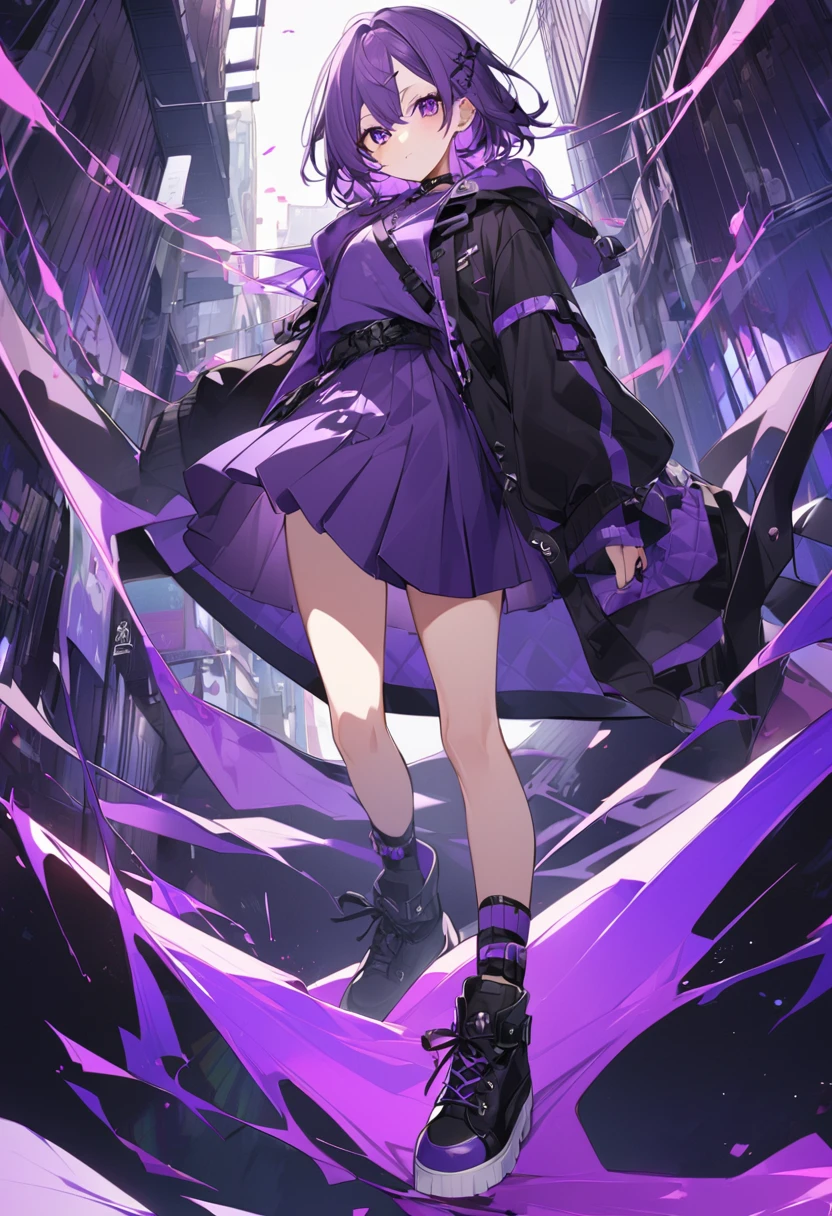 Keito。Purple Eyes。Purple Hair。Purple Skirt。Black shoes下。Black shoes。Purple hoodie