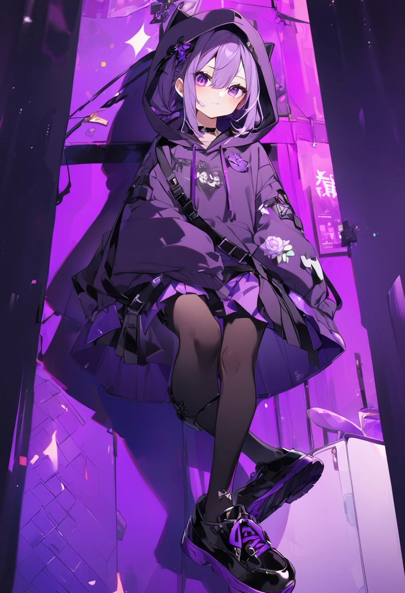 Keito。Purple Eyes。Purple Hair。Purple Skirt。Black shoes下。Black shoes。Purple hoodie