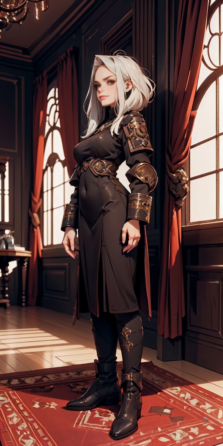 Setting: Royal bedroom - Grand, opulent, with rich fabrics and tapestries Character: Appearance: White hair - Short, styled in a sharp bob Full figure - Curvaceous Attire: High boots - Leather, reaching up the calves Elegant outfit - Befitting the royal setting (consider a dress, gown, or ensemble) Red tattoo - Delicate design on the navel Face - A confident smirk plays on her lips, eyes sparkling with amusement Pose: Full body - Standing tall Hands - Resting on hips in a commanding posture Additional details: (add to the background a four-poster bed, a plush rug, ornate furniture)