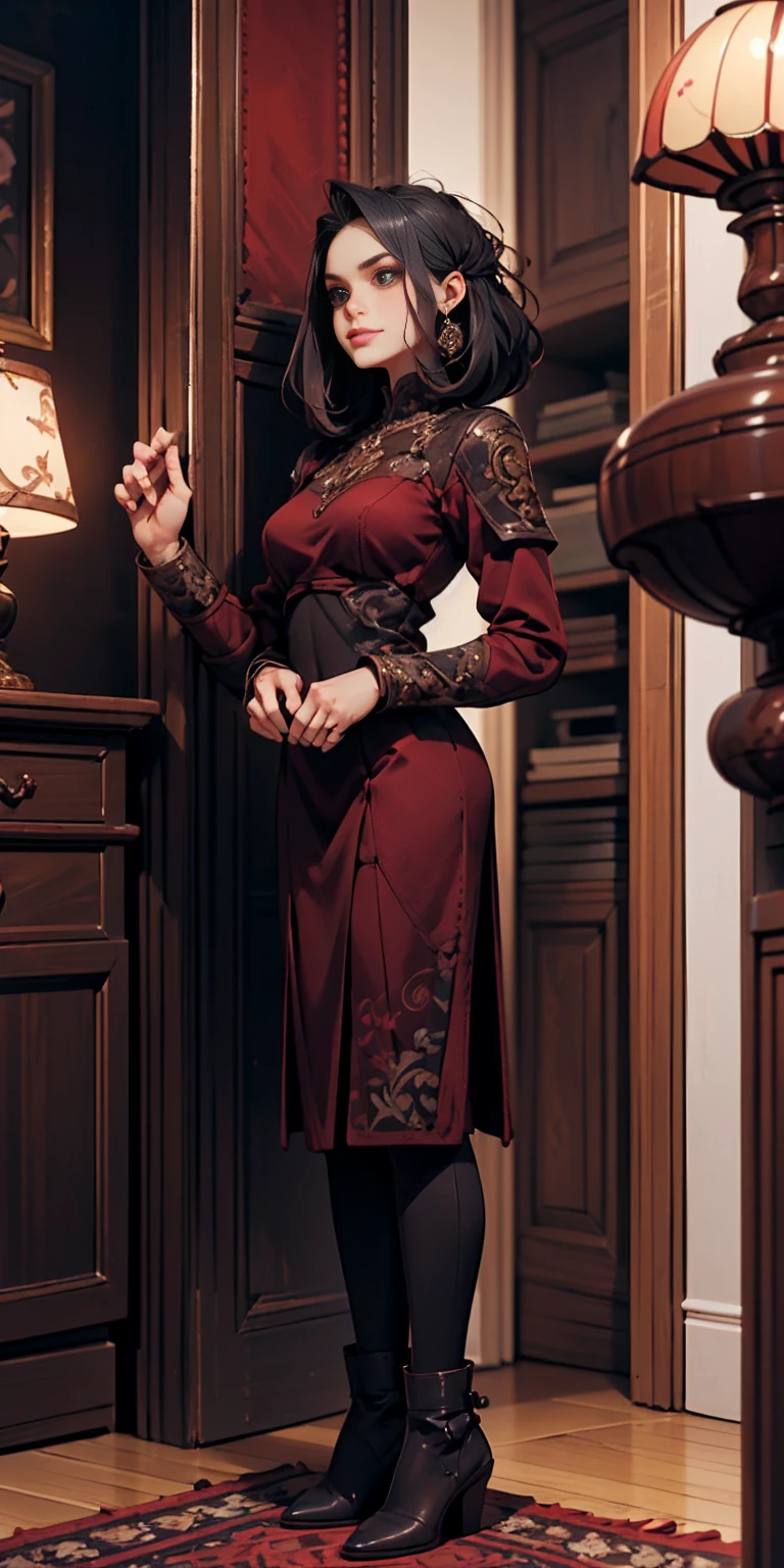 Setting: Royal bedroom - Grand, opulent, with rich fabrics and tapestries Character: Appearance: White hair - Short, styled in a sharp bob Full figure - Curvaceous Attire: High boots - Leather, reaching up the calves Elegant outfit - Befitting the royal setting (consider a dress, gown, or ensemble) Red tattoo - Delicate design on the navel Face - A confident smirk plays on her lips, eyes sparkling with amusement Pose: Full body - Standing tall Hands - Resting on hips in a commanding posture Additional details: (add to the background a four-poster bed, a plush rug, ornate furniture)