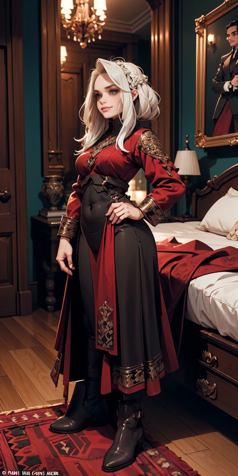 Setting: Royal bedroom - Grand, opulent, with rich fabrics and tapestries Character: Appearance: White hair - Short, styled in a sharp bob Full figure - Curvaceous Attire: High boots - Leather, reaching up the calves Elegant outfit - Befitting the royal setting (consider a dress, gown, or ensemble) Red tattoo - Delicate design on the navel Face - A confident smirk plays on her lips, eyes sparkling with amusement Pose: Full body - Standing tall Hands - Resting on hips in a commanding posture Additional details: (add to the background a four-poster bed, a plush rug, ornate furniture)