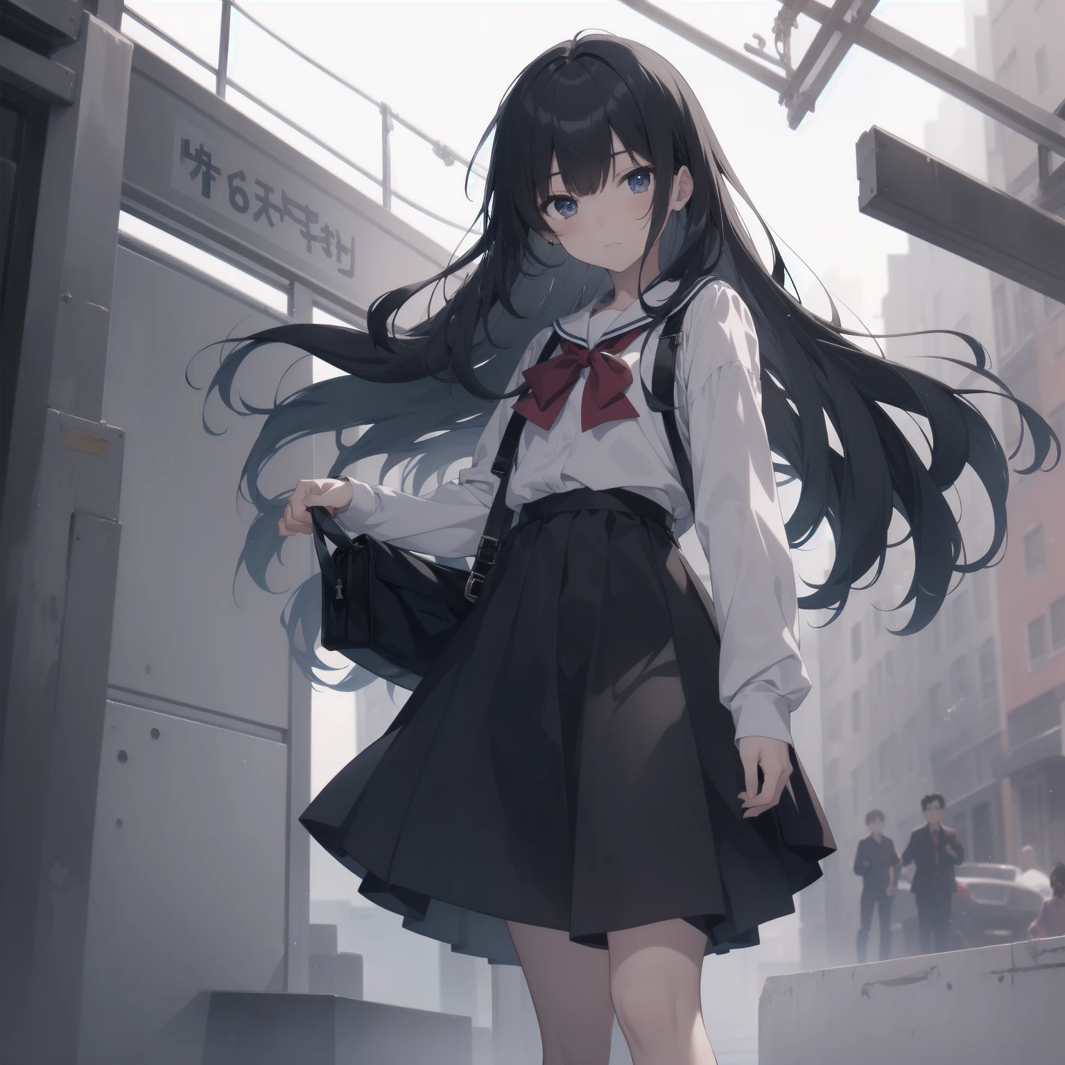 ultra-absurdres-Top quality by artist God, ultra-detailed, high resolution, anime moe artstyle, best anime 8k konachan wallpaper, pixiv contest winner, pool:2810, perfect ???????,break, 1girl, (Please draw a girl walking sleepily to school alone. )break,(Solo,little female, 13-year-old:1.3),Full limbs, complete fingers,a junior high school student, (very short hair), short cut, flat chest, , small butt, small black eyes, beautiful detailed eyes, well-proportioned iris and pupils, expressive eyes, highres detailed hair, soft expression, salor school_uniform, sailor collar, serahuku, bow, pleated skirt,(Detailed Lighting), (Detailed background), in the School commute route. break,super detailed skin, Best cinematic lighting powered by famous artist, 8k,beauty illustration,photoshop_(medium),very aesthetic,break,((artist:yamamoto_souichirou )), artist:clamp ,artist:carnelian ,artist:kantoku ,