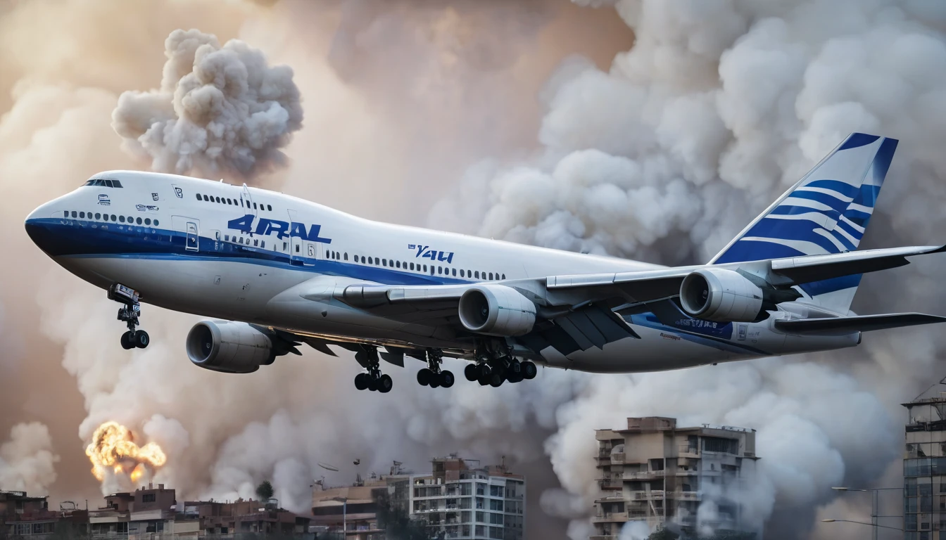 (best quality,4k,8k,highres,masterpiece:1.2),ultra-detailed,(realistic,photorealistic,photo-realistic:1.37),commercial airliner,Boeing 747,El Al livery,heading towards apartment building,one engine on fire,dramatic lighting,cinematic angle,realistic smoke plumes,dramatic tension,dynamic composition